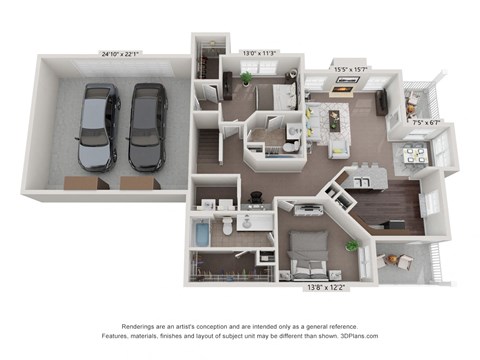 Floor plan for 2 beds, 2 baths, 1284 sqft
